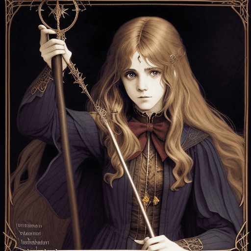 AI generated: Hermione from Harry Potter, confident spellcasting stance with wand releasing magic behind, rich col...