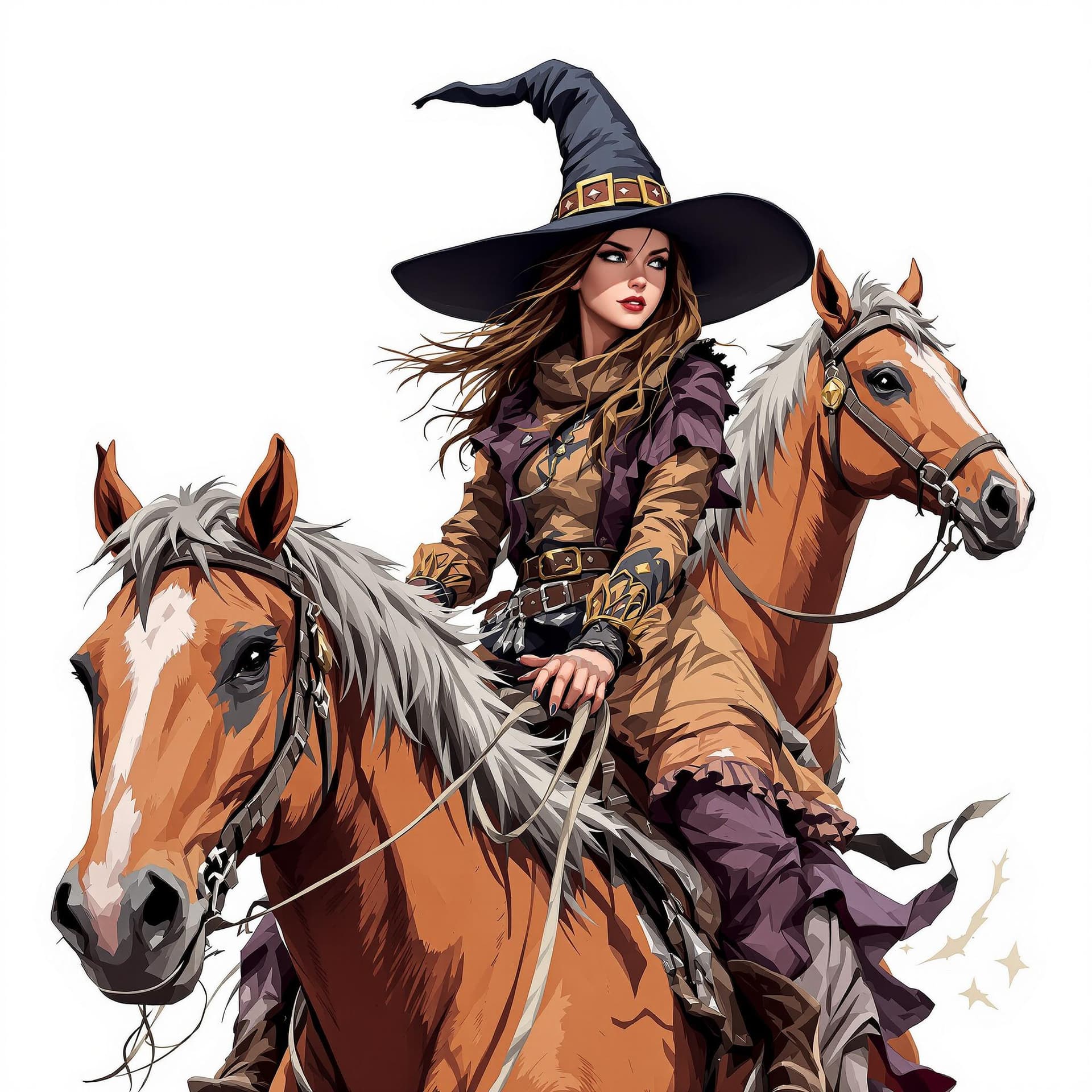 AI generated: png of a dungeons and dragons style illustration of a cowgirl riding on a horse with a witches hat