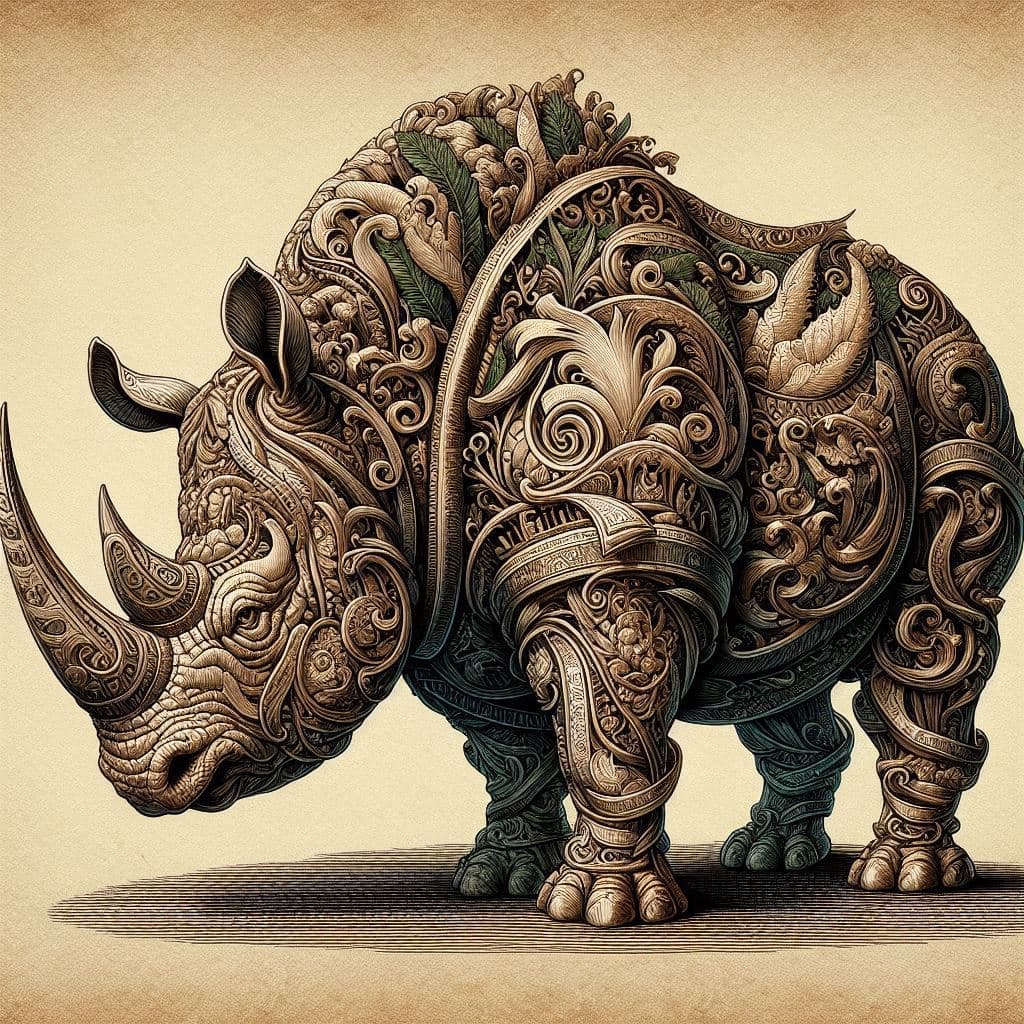 AI generated: Imaginary Rhino as envisioned by medieval Europeans. Fancy, unrealistic, badly proportioned, intrica...