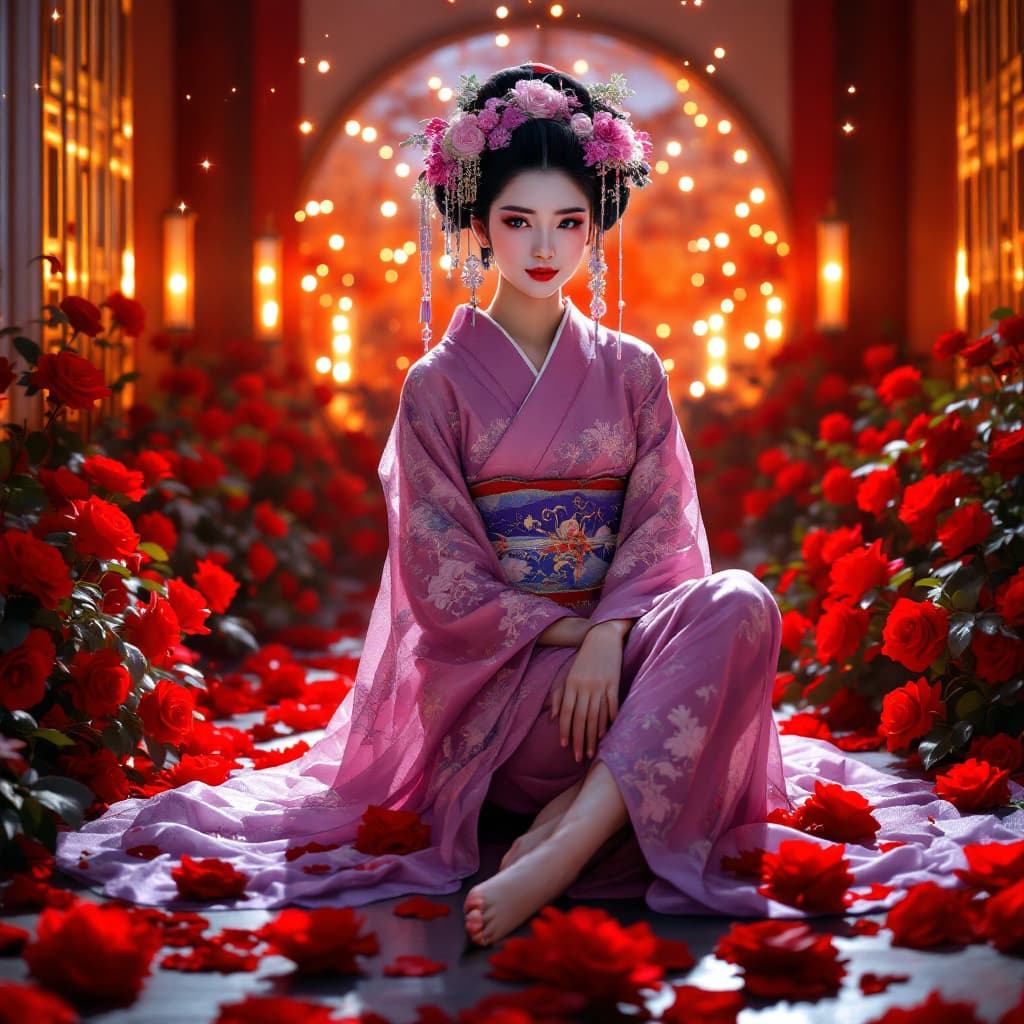 AI generated: Full body view of a Beautiful Geisha with purple Headdress posed barefoot in a room of red roses ill...