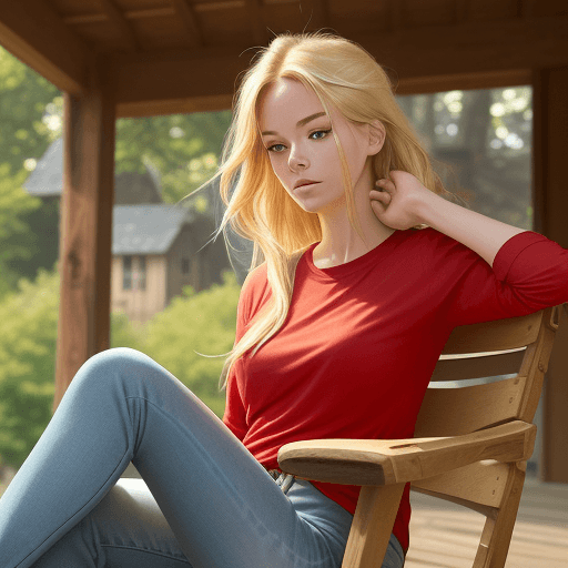 AI generated: The image features a beautiful blonde woman sitting on a wooden chair, wearing a red shirt and jeans...