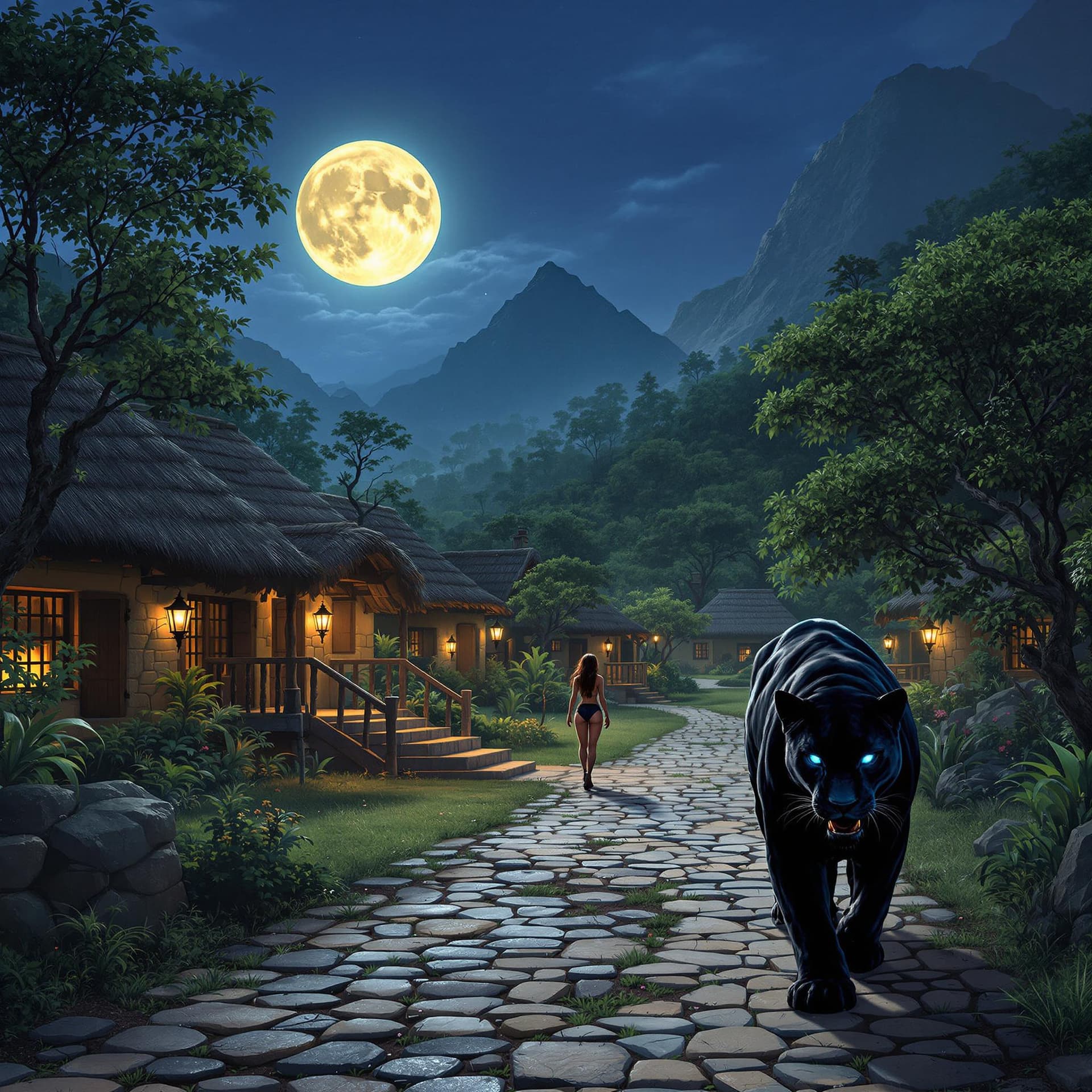 AI generated: An African village with that has stone single story buildings, cobblestone pathways, surrounded by m...