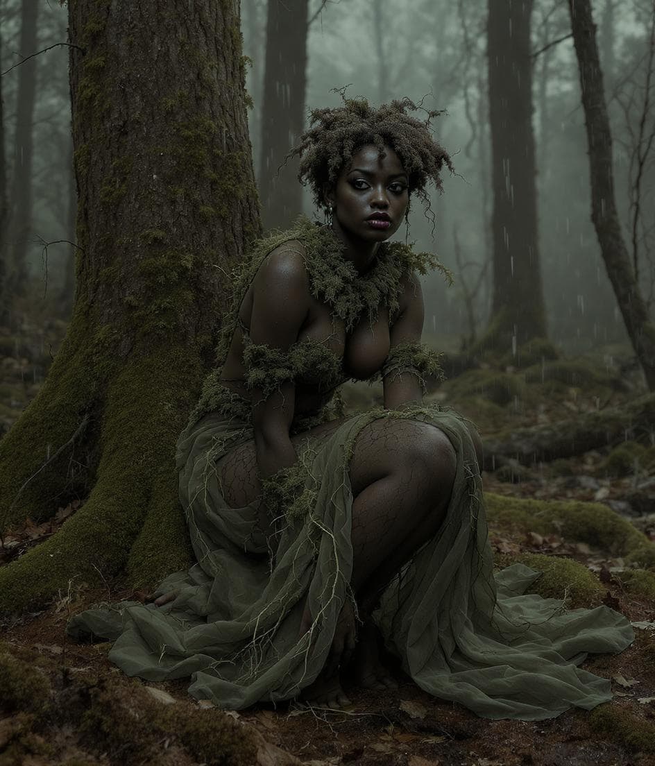 AI generated: Moist forest horror fashion concept, layered asymmetrical dress in moss green chiffon and bark-textu...