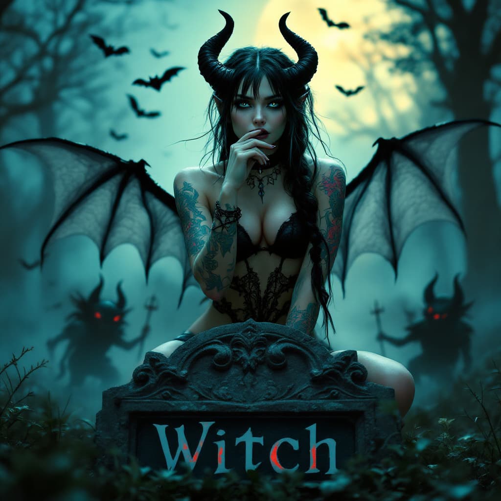 AI generated: Photo of an ultra realistic and flirtatious demon woman with colorful tattoos on her arm and black b...