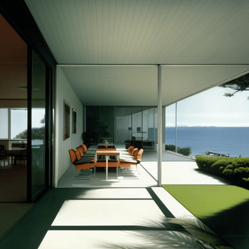 AI generated: Hyper realistic eye level exterior photo of a mid century modern style house overlooking the ocean, ...