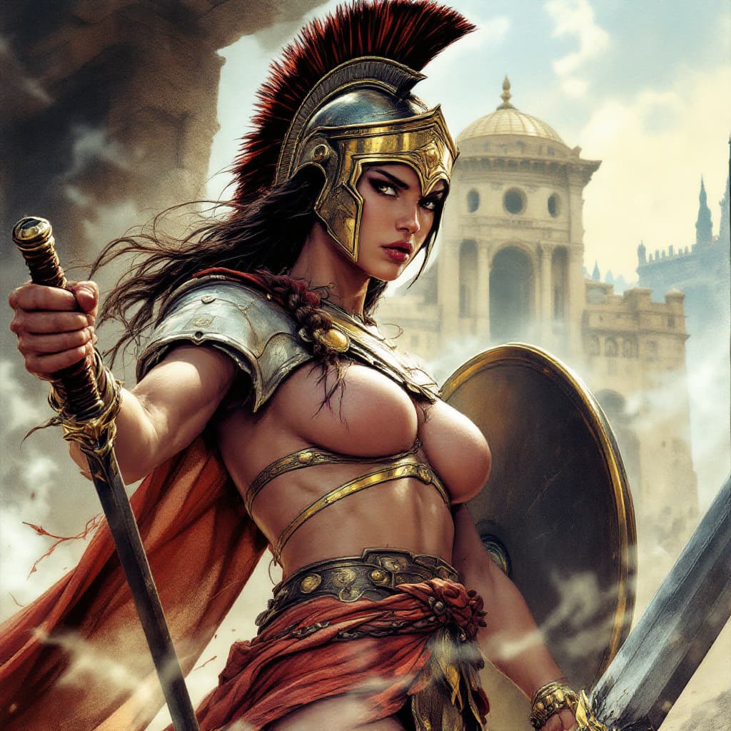 AI generated: Comic book realistic illustration, full body shot of a young gorgeous Spartan woman with thick aesth...