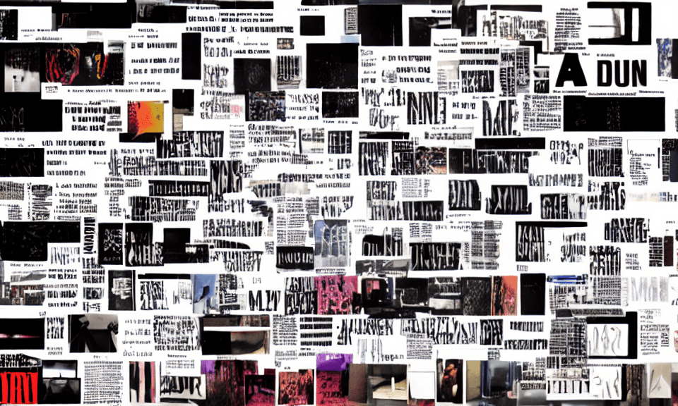 AI generated: manifest titles, collages, very large words, David Carson style