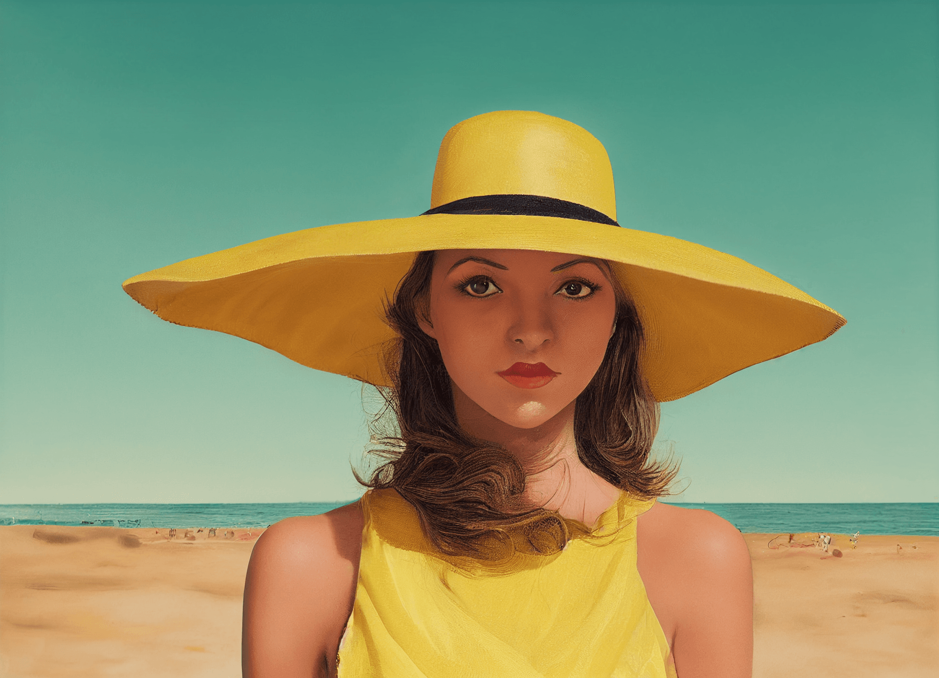 AI generated: Young woman, green eyes, brown skin, green and yellow dress, portrait, wide black hat, beach, sunny ...
