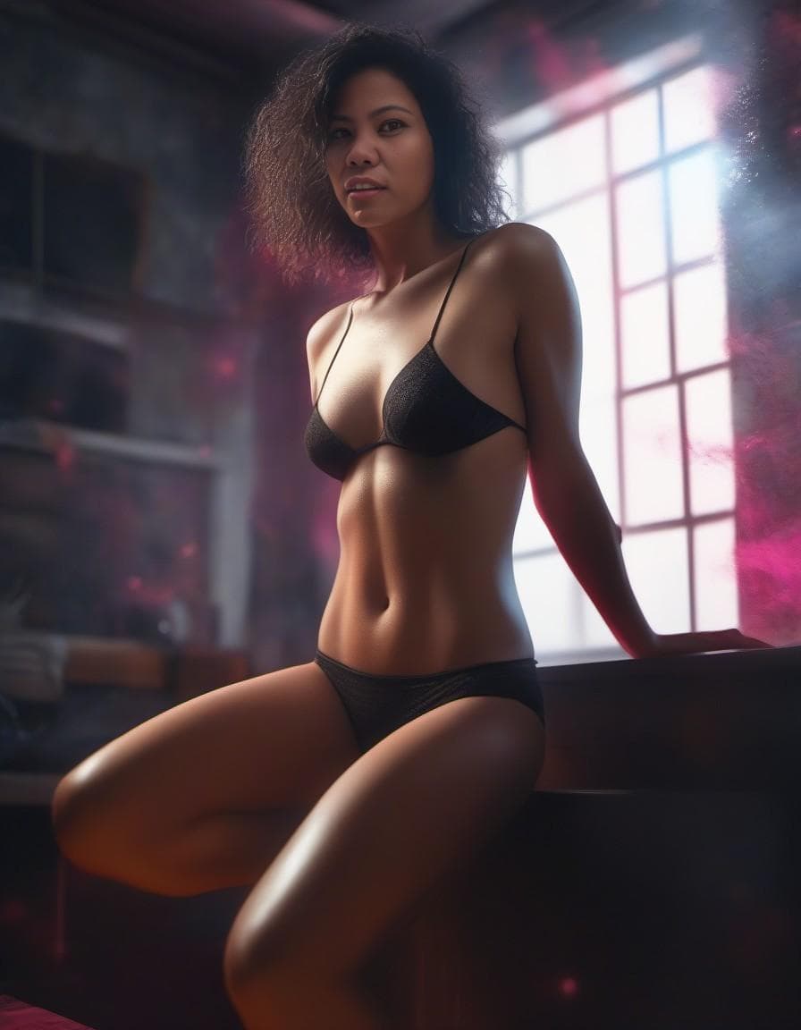 AI generated: naked, full-lenght shot camera, free style, free pose, full body, in a messy room, digital art, oil ...