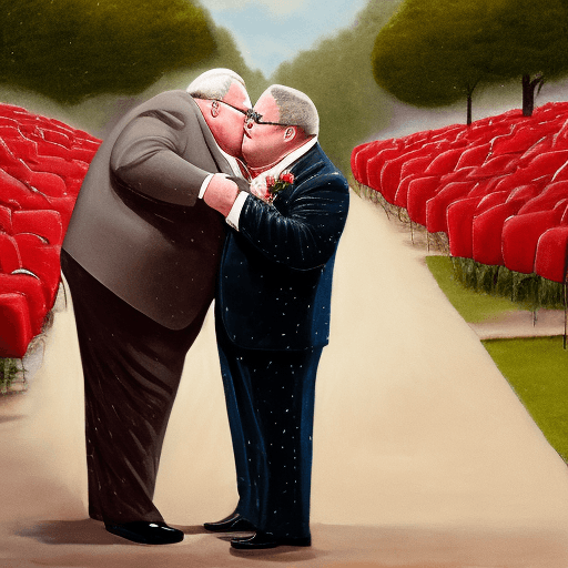 AI generated: High resolution of A heartwarming scene capturing a tender moment between two fat men of 75 years ol...