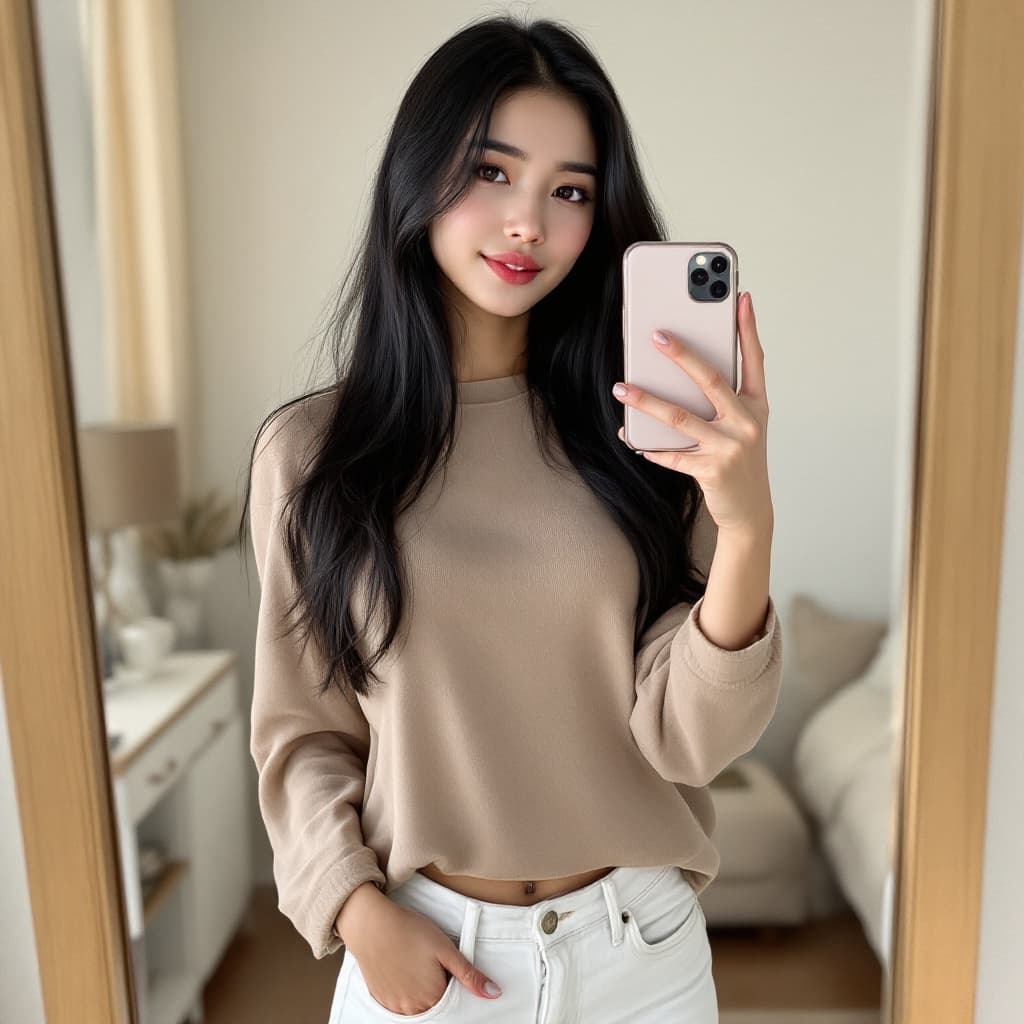 AI generated: an iPhone selfie of an attractive Asian woman with long black hair, wearing a beige top and white je...