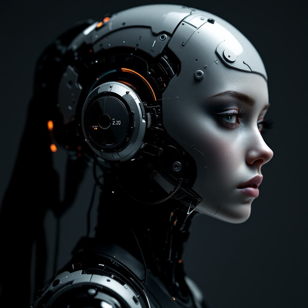 AI generated: an image of a futuristic woman in a robotic head gear, in the style of dark white and dark black, in...