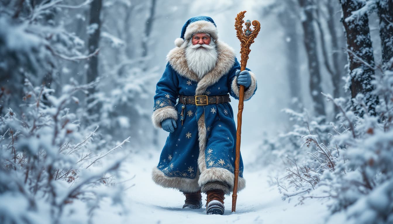 AI generated: Art. Santa Claus from Russian folk tales is walking through a snowy forest, holding a wooden carved ...