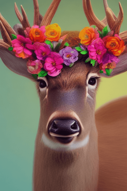 AI generated: a portrait of realistic deer, colorfull many very small flower headpiece, closeup, hyperrealism, hig...