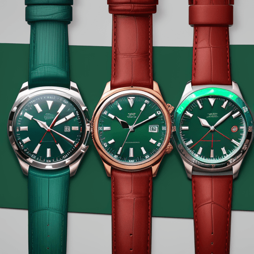 AI generated: only one wristwatch, lying flat, from left to right, with a green band, blue bezel, red dial; watch ...