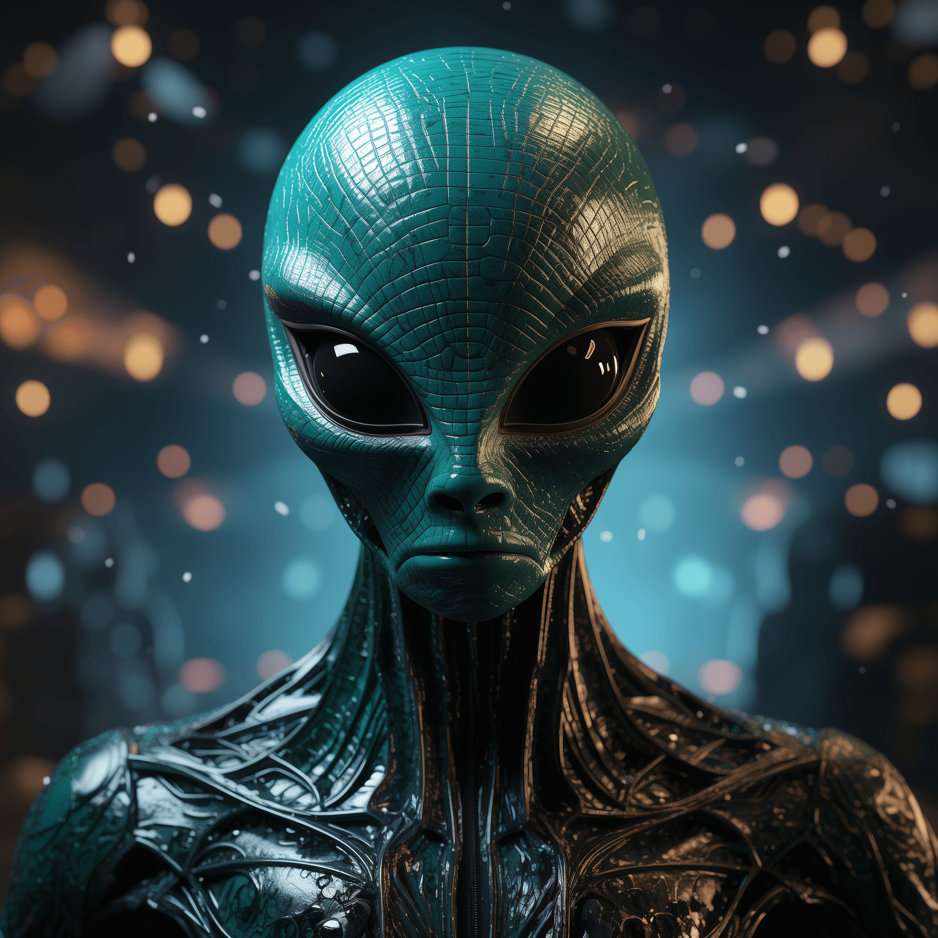 AI generated: Create a vivid, hyper-realistic scene of a space alien taking a selfie, where the perspective is fro...