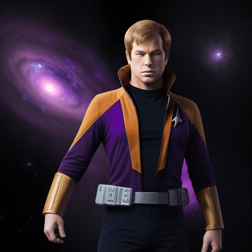 AI generated: Captain James T. Kirk with original costume in epic pose floating in the galaxy with orange and viol...