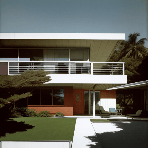 AI generated: Hyper realistic eye level exterior photo of a mid century modern style house overlooking the ocean, ...