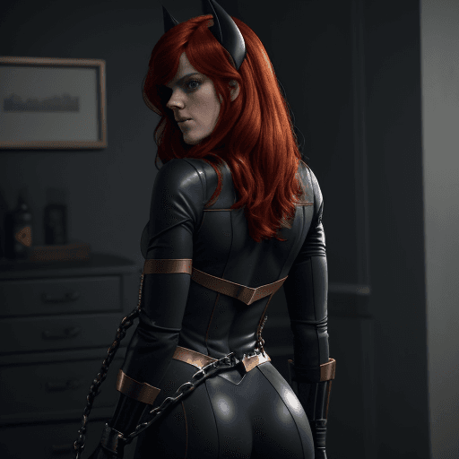 AI generated: Rose Leslie wearing a Batgirl costume shown from behind wearing handcuffs.