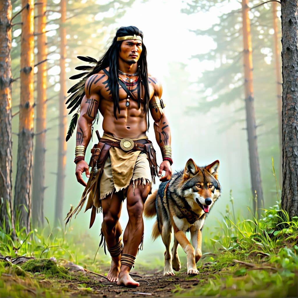AI generated: A full body image of a native American young adult male, tall, slim, very toned, red shiny copper sk...