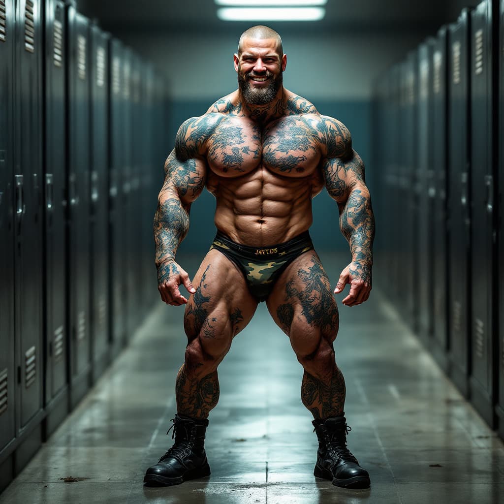 AI generated: Full body image, young tall army muscle, heavily tattooed, slim face, chiseled jawline, shaved head,...