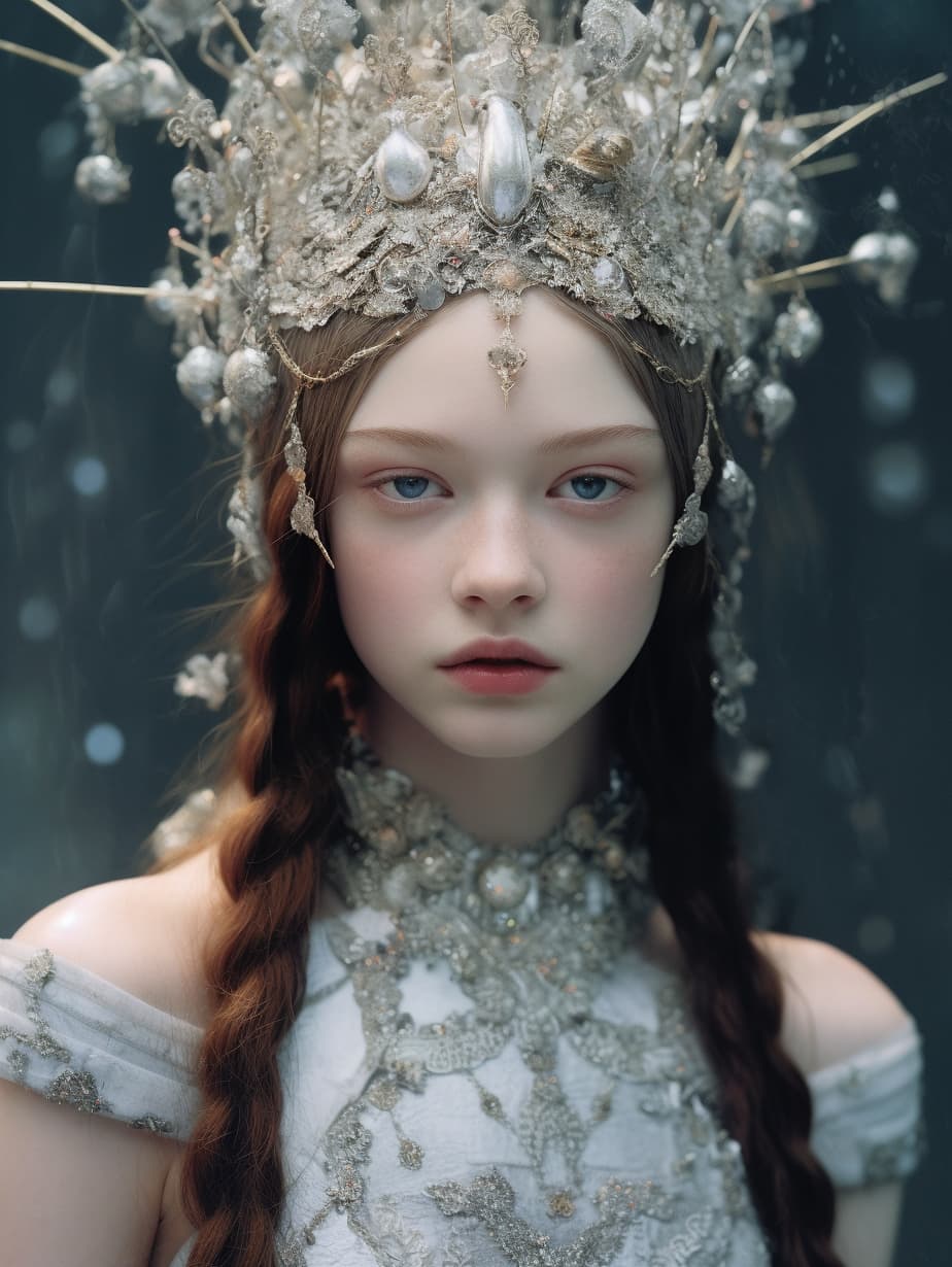 AI generated: a close up of a person wearing a silver dress, by Alexander McQueen, art nouveau, organic headpiece,...