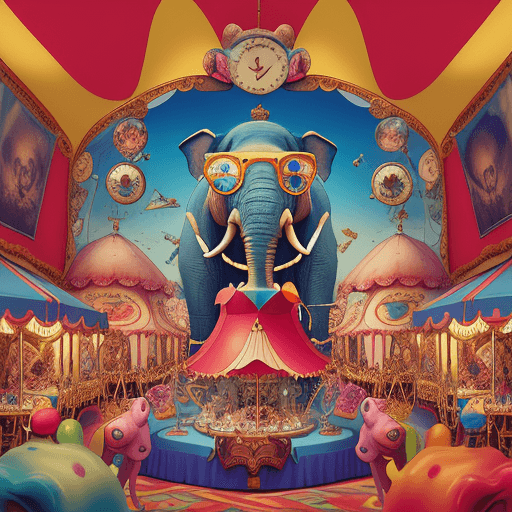 AI generated: Salvador Dali-style, an elephant wearing 3D glasses, munching on popcorn, in a surreal carnival tent...