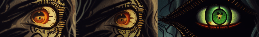 AI generated: bohemian art style painting, medusa, wearing torn rag dress, large evil glowing eyes, intricate deta...