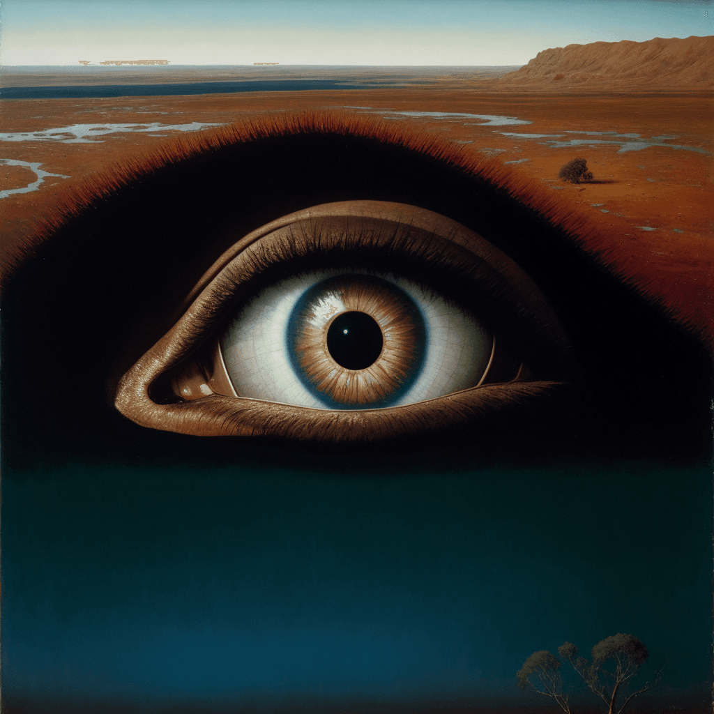 AI generated: uhd, cinematic still of a an eye in a tree near water, in the style of brian despain, dripping paint...