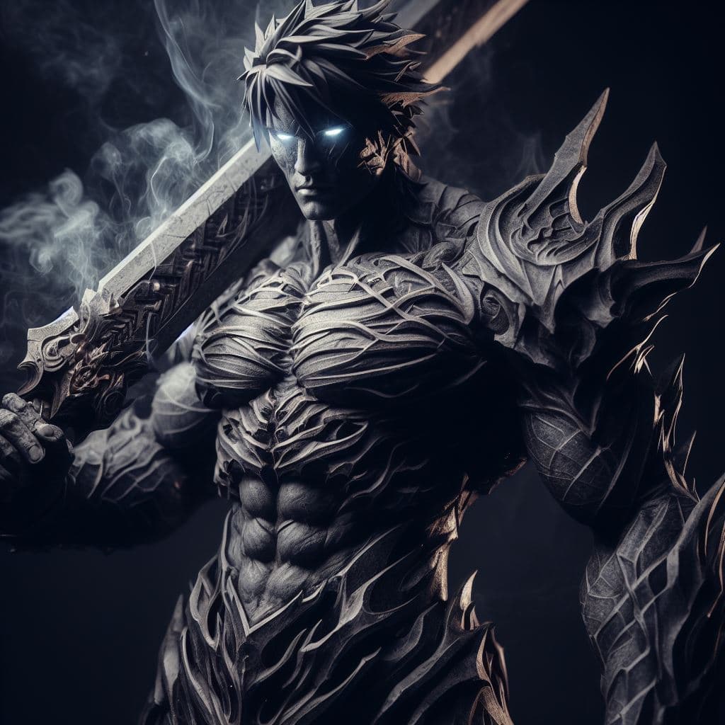 AI generated: A muscular dragon warrior stands tall, holding a massive sword with a serrated blade, in darkness an...