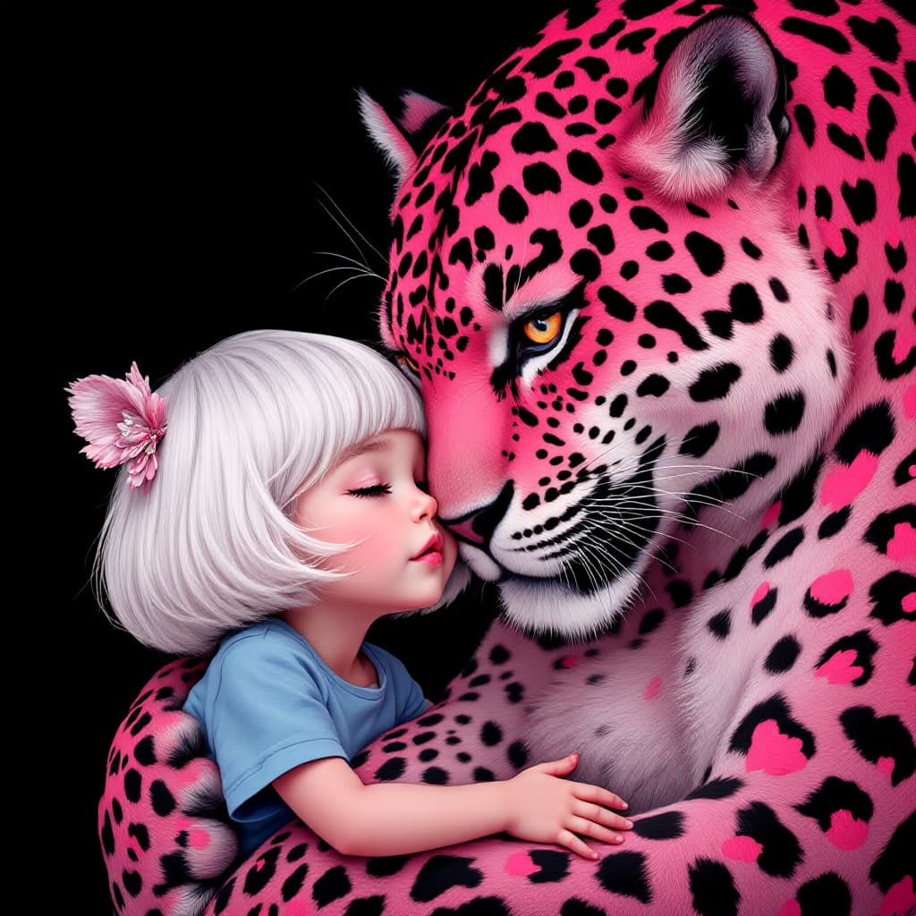 AI generated: whimsical cartoon of Disney,a rose-red leopard, pink and black, romantic comic, surreal animal illus...