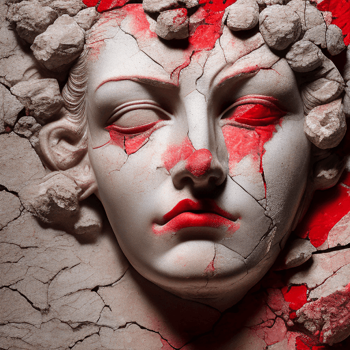 AI generated: An image of a classical sculpture of a cracked female  face with serene, closed eyes and full red li...