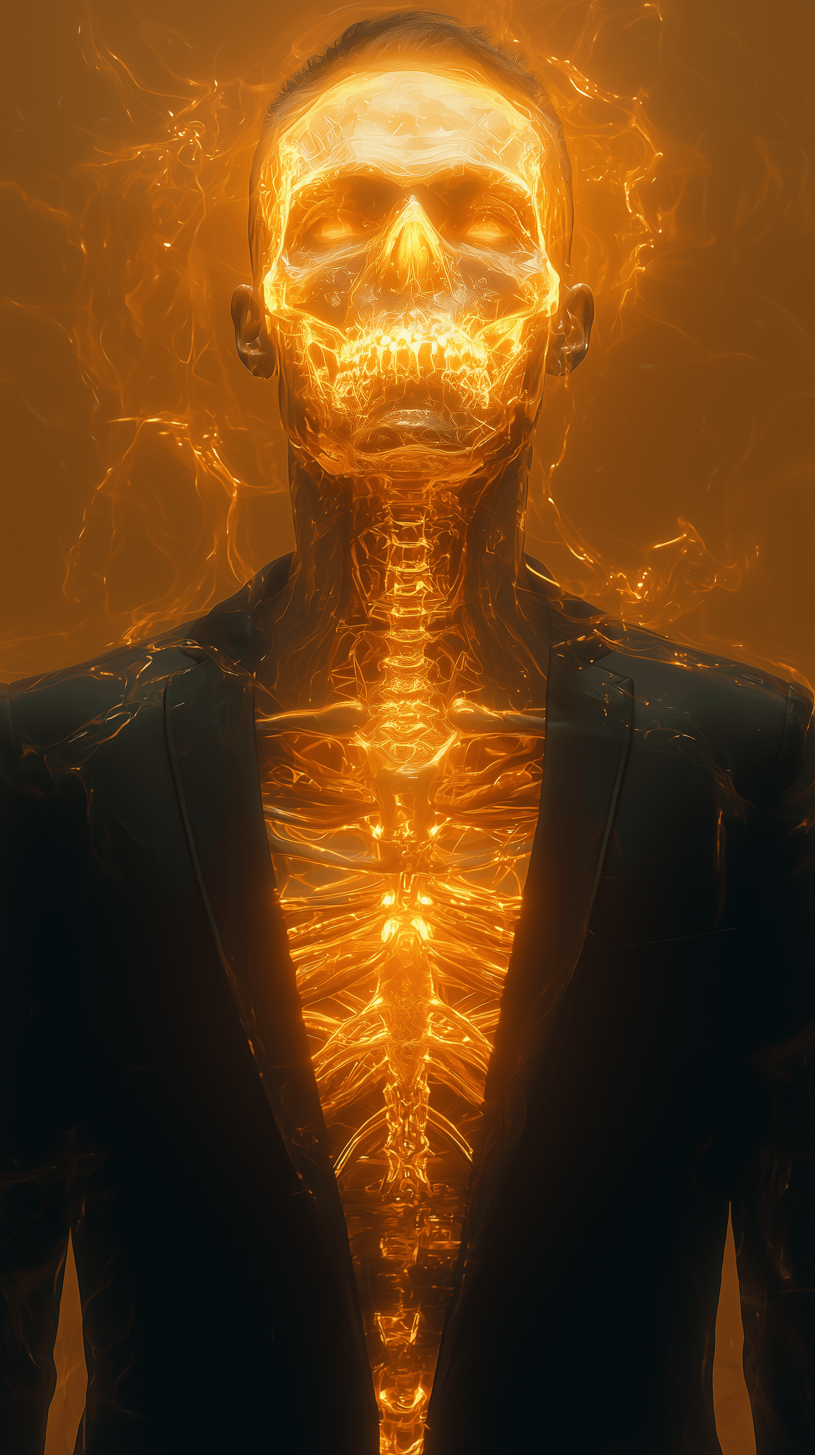 AI generated: surrealism, front portrait of a man, upper body, transparent skin revealing his skull, glowing with ...