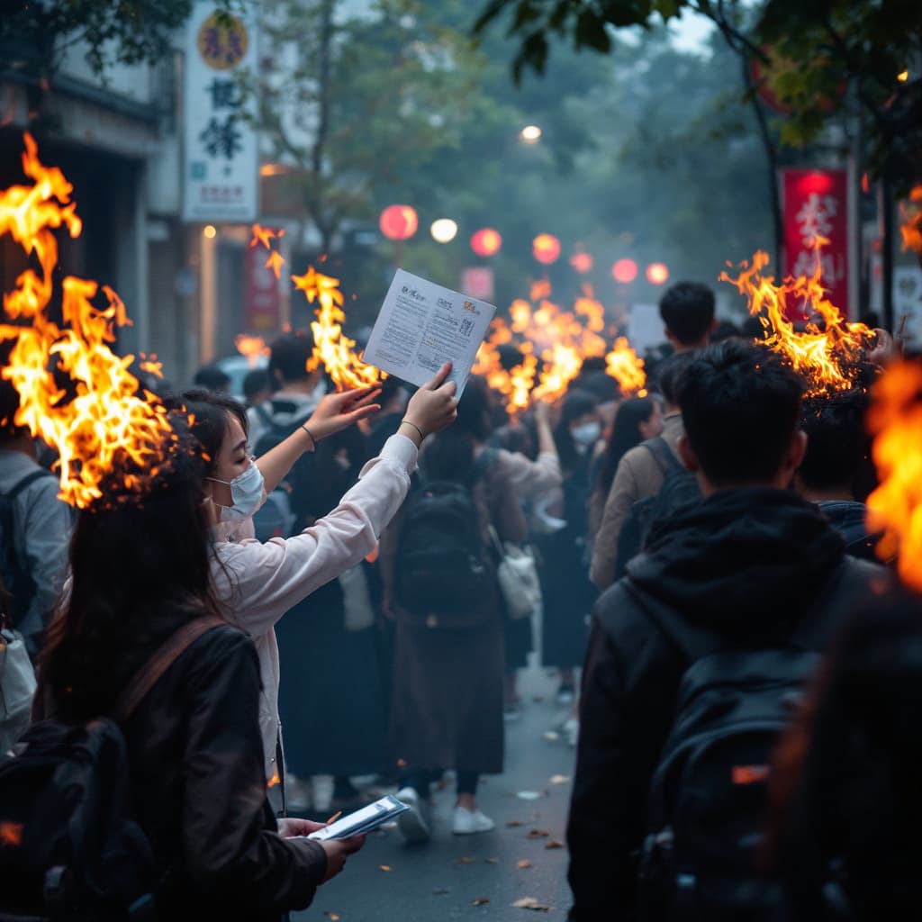 AI generated: Taiwanese college students burn transcripts