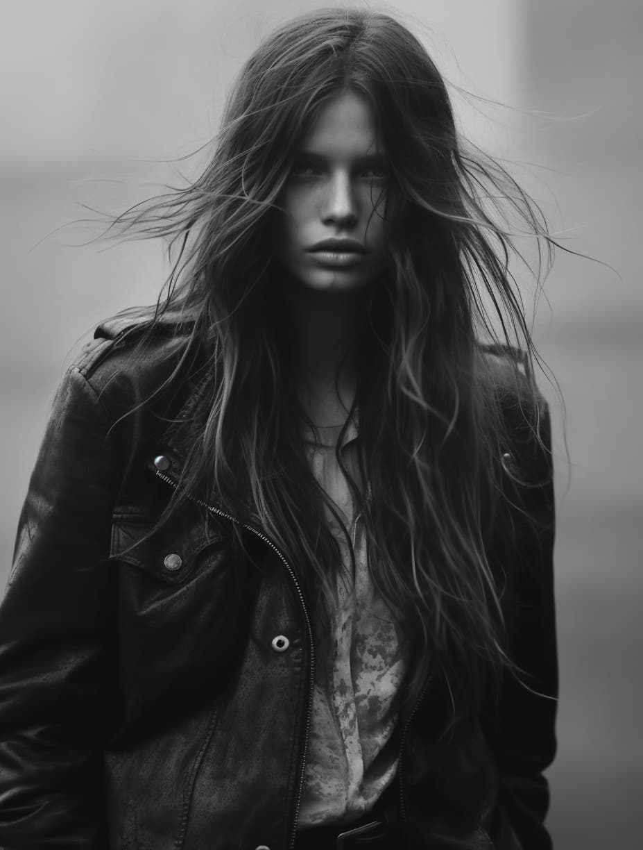 AI generated: a black and white photo of a woman with long hair, by Alasdair Grant Taylor, tumblr, tattered leathe...