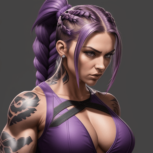AI generated: muscular woman, tattoos, purple braided hair,  ponytail hair, superhero outfit, cleavage