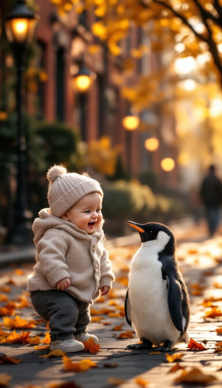 AI generated: joyful baby in tiny cardigan beside baby penguin in city setting, both giggling and same height, bro...