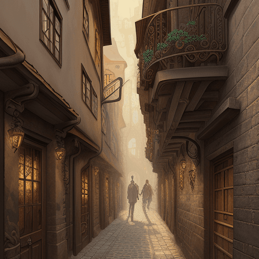 AI generated: In an alley of old Prague, detailed, high quality, realistic style, steampunk