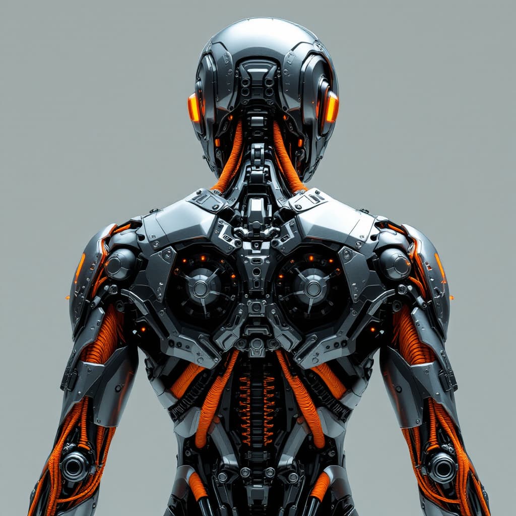 AI generated: close-up rear view, body, perfect composition, model with advanced cybernetic enhancements, capturin...