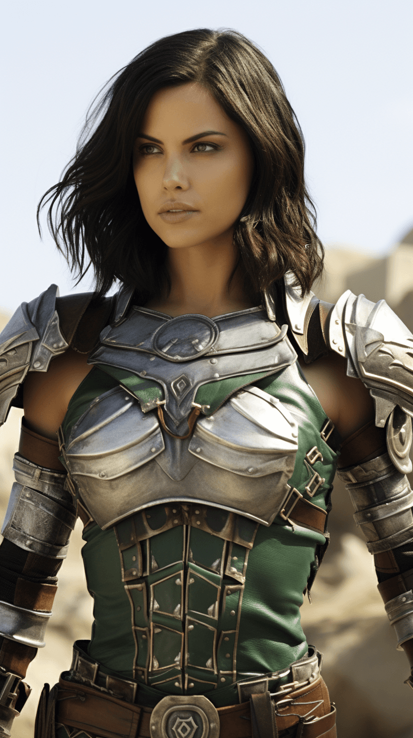 AI generated: ((masterpiece, best quality, detailed)), outdoor arena, wind_lift, jenna dewan as a modern gladiator...