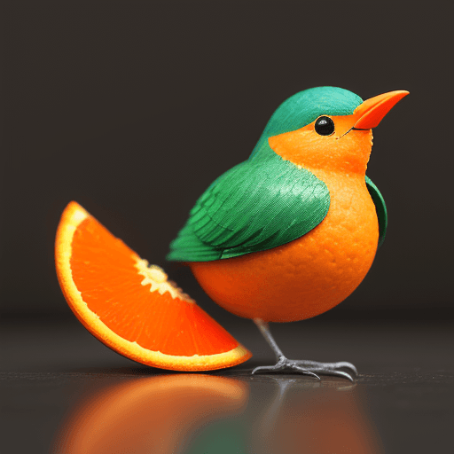 AI generated: a little bird made of a fresh orange that has been cut open, photo-realistic techniques --ar 2:3 --s...
