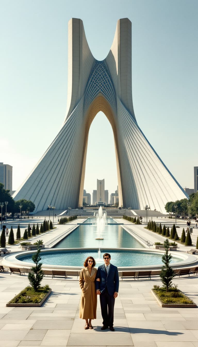 AI generated: A young couple from the 1950s stands in Tehran’s iconic **Azadi Square (formerly Shahyad Square)**, ...