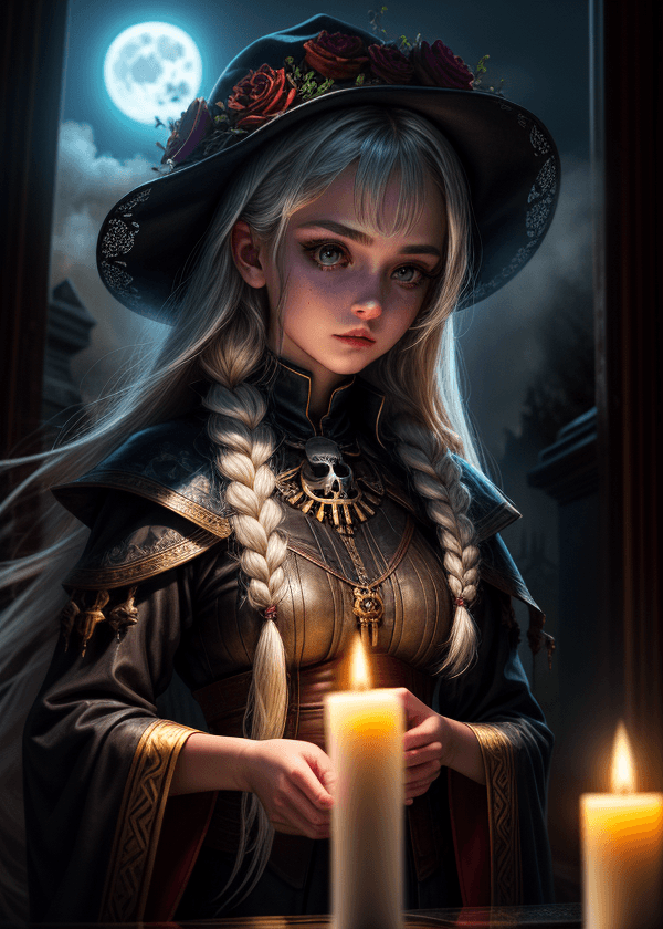AI generated: insanely detailed artwork, close up of a young necromancer girl, wearing black, summoning a zombie i...