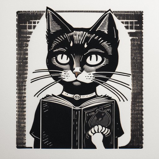 AI generated: Minimalist illustration on a T-shirt in linocut style, the shape of the badge, the face of a cat and...