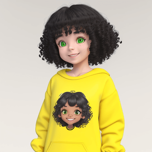 AI generated: small girl, 3D, 8k, curly hair, black hair, smiling, looking ahead, front scene, yellow sweatshirt, ...