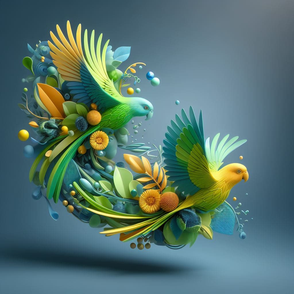 AI generated: abstract 3D shape flying parots, foliage and flowers incorporated, light emitting, green background