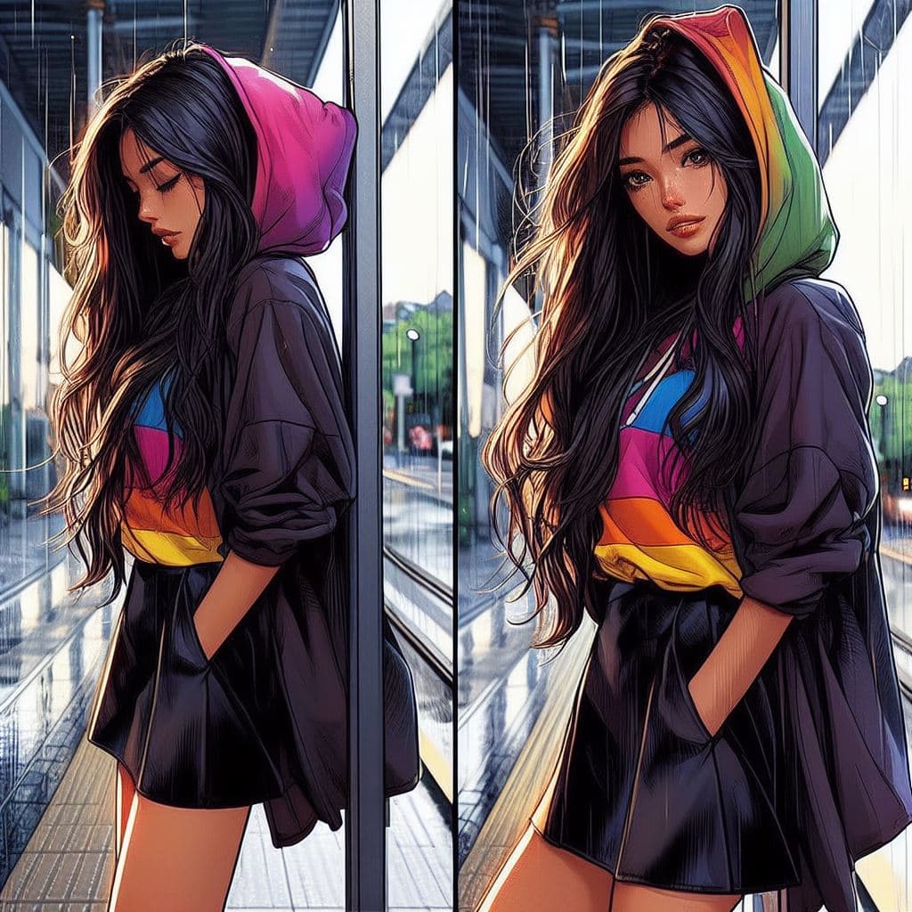 AI generated: digital art, best quality, manga style, solid manga colors, full-length shot of stunning thin eurasi...