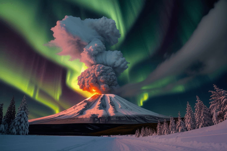 AI generated: Hyper realistic photo of volcano erupting, in snowy northern landscape, aurora borealis, wide image,...