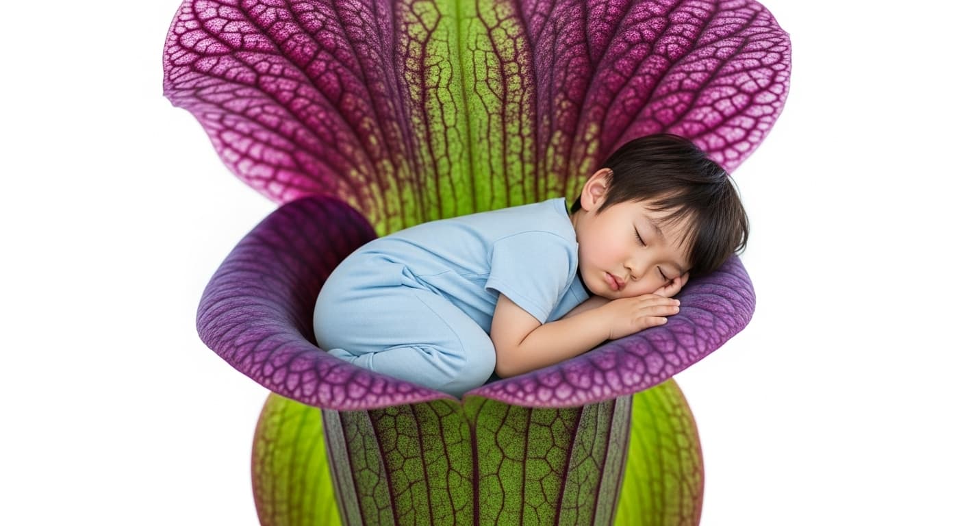 AI generated: In the calyx of an exotic flower, an adorable Asian boy lies down and sleeps, white background.