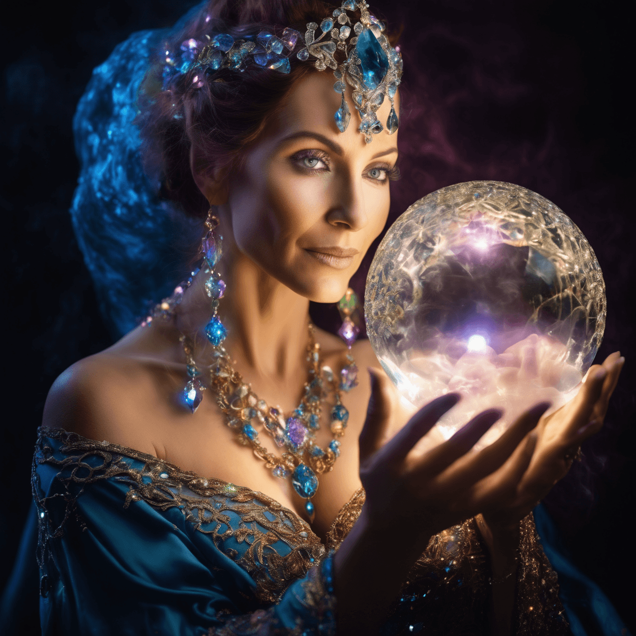AI generated: A mystical 45-year-old sorceress, adorned with shimmering crystal jewelry, conjures swirling element...